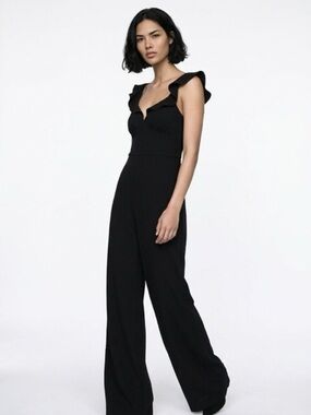 Black Ruffle-Shoulder Wide-Leg Jumpsuit